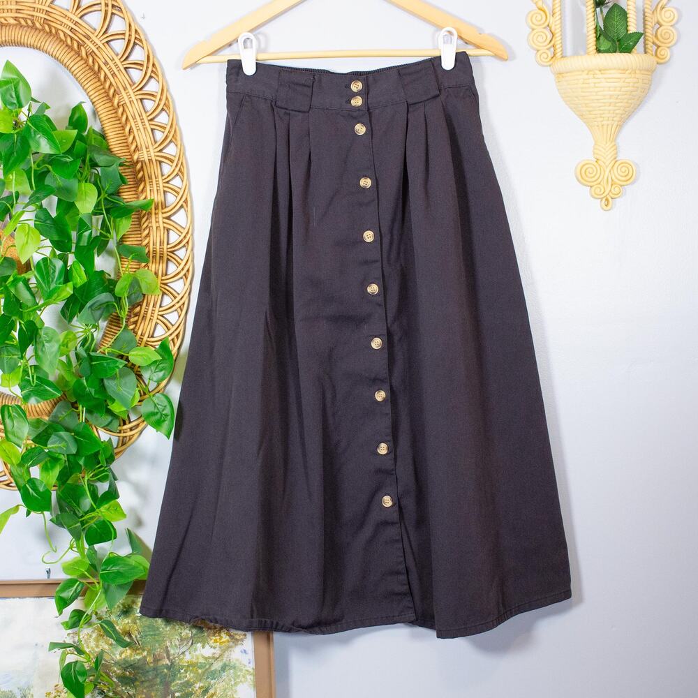 VTG Dark Brown Pleated Button Front Midi Skirt A-Line High Waist | Dark Winter